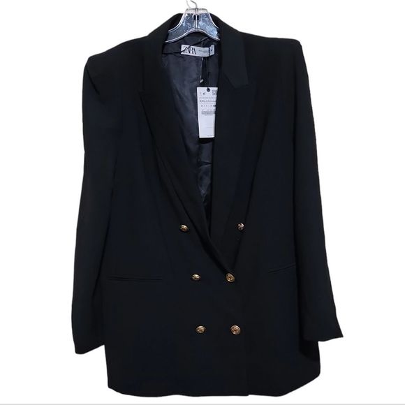 ZARA Black Padded Shoulder Double Breasted Blazer with Gold Buttons Sz XXL - Picture 5 of 12